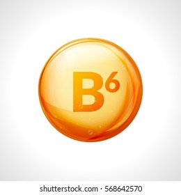 Vitamin b6 pill icon. Pyridoxine nutrition care. Gold drop essence. Isolated golden vector symbol of b6 vitamin medicine