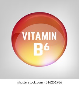 Vitamin B6 pill. Shining glossy circle droplet. Vector illustration in orange and light brown colours. Medical and pharmaceutical image.