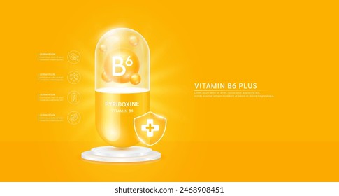 Vitamina B6 plus o piridoxina en cápsula naranja con escudo cruzado en el podio. Colágeno antibiótico y minerales esenciales para la salud. Para anuncios de suplementos dietéticos y farmacia médica de belleza. Vector.