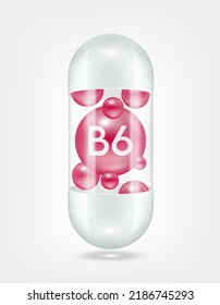 Vitamin B6 purple inside capsule pill transparent white. Health care beauty enhancement neutralize free radicals. Used for nutrition products food template design. 3D Realistic Vector EPS10.