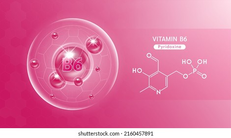 Vitamin B6 purple and structure. Vitamin solution complex with Chemical formula from nature. Beauty treatment nutrition skin care design. Medical and scientific concepts. Banner 3D vector EPS10.