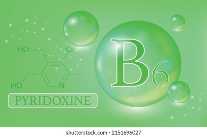 Vitamin B6, pyridoxine, water drops, capsule on a green gradient background. Vitamin complex with chemical formula. Information medical poster. Vector illustration