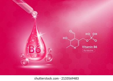 Vitamin B6 serum liquid gel in dropper and structure. Cream collagen complex with chemical formula from nature skin care vitamins. On pink background 3D realistic vector. Medical scientific concept.