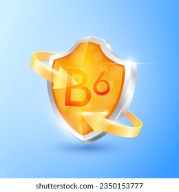 Escudo de vitamina B6 y flechas de vidrio negras anaranjadas. La protección de los símbolos aumenta la inmunidad corporal sana. Conceptos de salud médica. Icono 3D para la publicidad de alimentos de productos nutricionales. Ilustración vectorial.