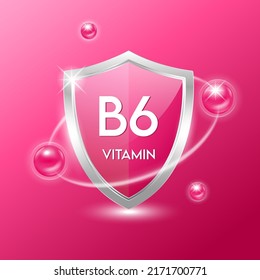 Vitamin B6 Schild mit rosafarbenem Atom. Schützen Sie den Körper bleiben gesund. Für Nahrungsmittel. Medizinische wissenschaftliche Konzepte. Vektorgrafik.