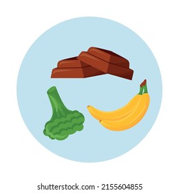 Vitamin B6 Sources Semi Flat Color Vector Objects Icon. Dark Chocolate And Banana. Leafy Greens. Full Sized Items On White. Simple Cartoon Style Illustration For Web Graphic Design And Animation