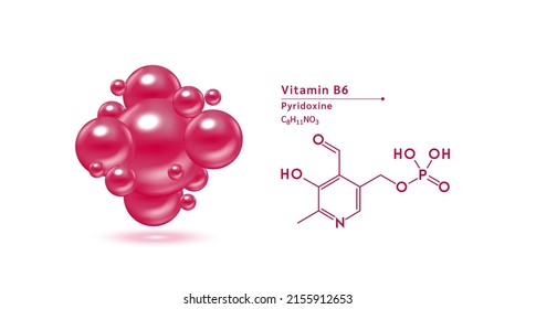 Vitamin B6 structural chemical formula. Hyaluronic acid skin collagen serum. Vitamin complex isolated on white background. Medical scientific concepts. 3D vector illustration.