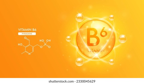 Vitamin B6 mit chemischer Strukturformel. Bubble Collagen Serumorange und Vitamine Komplex für kosmetische Design. Medizinische Konzepte. Schönheitsbehandlung Ernährung Hautpflege. 3D-Vektorgrafik.