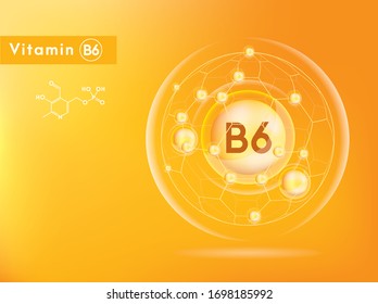 Vitamin B6 and structure. Medicine capsule, Golden substance. 3D Vitamin complex with chemical formula. Personal care and beauty concept. Vector Illustration