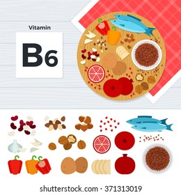 Vitamin B6 vector flat illustrations. Foods containing vitamin B6 on the table. Source of vitamin B6: nuts, fish, paprika, potato, garlic, pomegranate isolated on white background