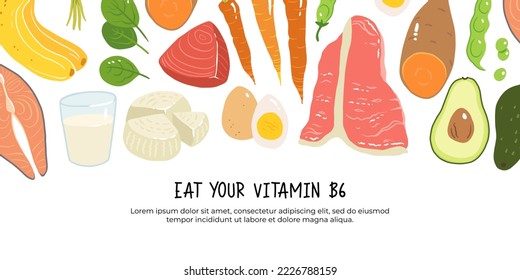 Vitamin b6 vector stock illustration. Food products with a high content of the vitamin b6. sweet potato, ricotta cheese, milk, salmon, tuna, avocado, spinach, eggs, carrots, beef, green peas. banana