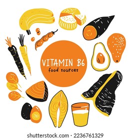 Vitamin b6 vector stock illustration. Food products with a high content of the vitamin b6. sweet potato, ricotta cheese, milk, salmon, tuna, avocado, spinach, eggs, carrots, beef, green peas. banana