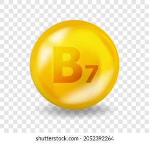 Vitamin B7 Biotin. Vitamin complex illustration concept. B7 Biotin pill capsule. 3D Yellow drug nutrition design