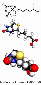 Vitamin B7 (biotin), molecular model. Atoms are represented as spheres with conventional color coding: hydrogen (white), carbon (grey), oxygen (red), sulfur (yellow), nitrogen (blue).
