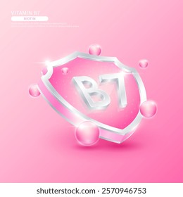 Vitamin B7 or Biotin in silver shield shape and pink atom. Protect the body stay healthy. Used for nutrition products food. Medical scientific concepts. Isolated 3D Vector EPS10 illustration.