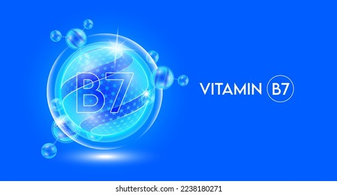 Vitamina B7 y molécula átomo de burbuja colágeno de la piel de protección de la fórmula química sérica. Complemento nutricional antiedad para el cuidado de la piel complejo multivitamínico. Sobre fondo azul. vector 3D.