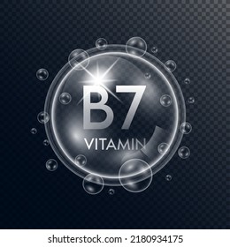Vitamin B7 collagen in the form of a bubbles transparent with white drops water surround. Isolated 3D Vector. Used for advertising cosmetic products.