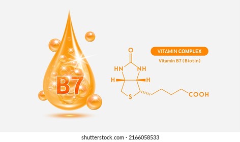 Vitamin B7 drop and structure isolated on white background. Vitamin solution complex orange balls with bubbles. Beauty treatment nutrition skin care design. Medical scientific concepts. 3D vector.