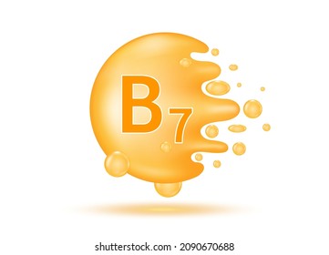 Vitamin B7 drop water. Vitamin complex from nature. Beauty treatment nutrition skin care design. Medical and scientific concept. Orange pill capsule isolated on white background. 3D Realistic Vector.