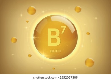 Vitamin B7 gold icon. Biotin vitamin drop pill capsule. Collagen vitamins complex for cosmetics and medical design