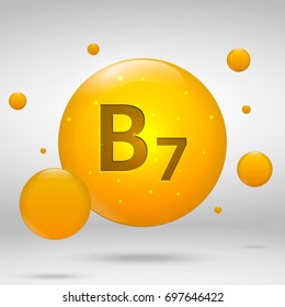 Vitamin B7 gold icon. Biotin drop pill capsule. Vitamin complex design