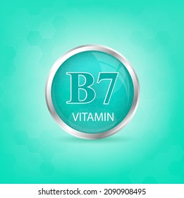 Estructura del icono de vitamina B7 sustancia verde clara. Cuidados personales, concepto de belleza. Símbolo médico de la tiamina. Concepto de negocio de drogas. Ilustración vectorial. Complejo de vitamina 3D con fórmula química