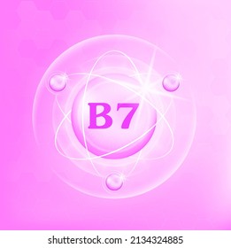 Vitamin B7 icon structure light pink purple, white . Medicine health symbol of thiamine. 3D Vector Illustration. Complex with chemical formula. Personal care, beauty. Drug business concept.