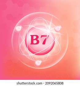 Vitamin B7 icon structure pink yellow substance. Medicine health symbol of thiamine. Vector Illustration. 3D Vitamin complex with chemical formula. Personal care, beauty concept. Drug business concept