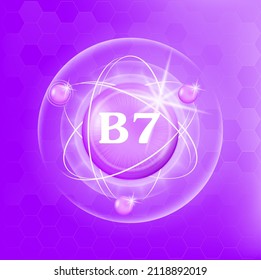 Vitamin B7 icon structure purple substance of butterfly pea. Medicine health symbol of thiamine. Drug business concept. Vector Illustration. 3D. Complex with chemical formula. Personal care, beauty.