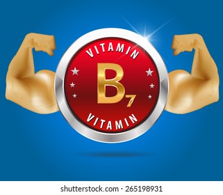 Vitamin B7 label silver badge on blue background - vector eps10