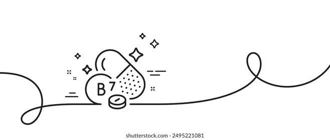 Vitamin B7 Linie Symbol. Durchgehend eine Zeile mit Curl. In: Biotin Food Nutrient Sign. Kapsel oder Pille Ergänzungssymbol. Biotin Vitamin Single Outline Band. Loop-Kurvenmuster. Vektorgrafik
