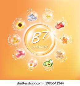 Vitamin B7. Medicine capsule, Orange substance. Fruits and vegetables that neutralize free radicals. With chemical formula. Anti aging beauty enhancement concept and health care. 3D vector EPS10.