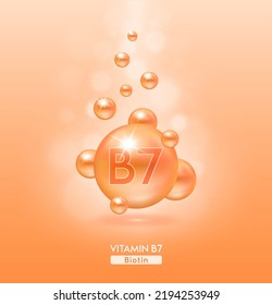 Vitamin B7 orange ball fall to ground serum vitamins complex. Beauty treatment nutrition skin care design. Medical and scientific concepts. 3D Realistic Vector EPS10.