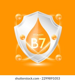 Vitamin B7 orange drop inside aluminum shield with atom surround. Minerals and vitamins complex protect the body stay healthy. For nutrition products food. Vector EPS10 illustration.