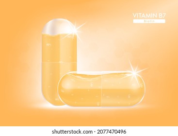 Vitamin B7 orange water in capsule. Vitamin complex bright colours with Chemical formula from nature. Health supplement skin care anti-aging and beauty. Medical and scientific. 3D Realistic Vector.