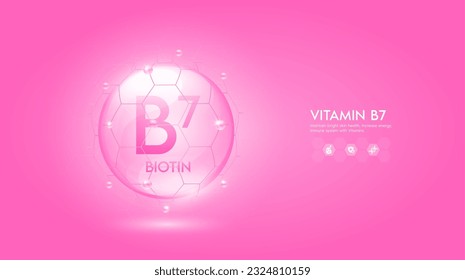 Vitamin B7 pink solution or Biotin. Innovation repair maintain bright skin care anti aging. Vitamins complex and collagen serum. For medical beauty treatment nutrition cosmetic design. Vector.