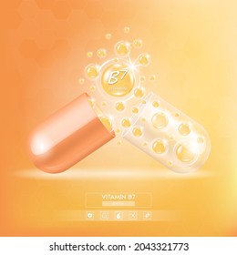 Vitamin B7 serum capsule orange. Vitamin complex with Chemical formula from nature. Beauty treatment nutrition skin care design. Medical and scientific concepts. 3D Realistic Vector EPS10.