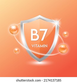 Vitamin B7 shield with orange atom. Protect the body stay healthy. For nutrition products food. Medical scientific concepts. Vector illustration.