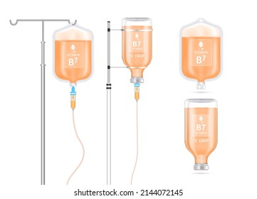 Vitamin B7 Solution Inside Saline Bag, Bottle And Syringe Hanging On Pole. Isolated On White Background Vector. Serum Collagen Vitamin IV Drip, Minerals Orange For Health. Medical Aesthetic Concept