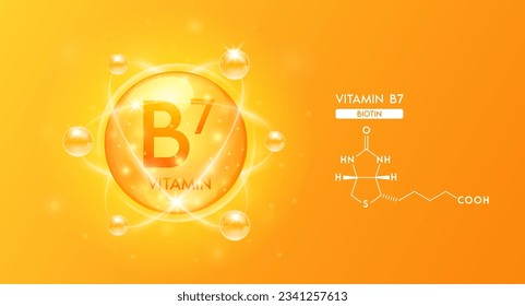 Vitamin B7 with structure chemical formula. Vitamins complex and  bubble collagen serum orange for cosmetics design. Beauty treatment nutrition skincare. Medical concepts. 3D Vector.