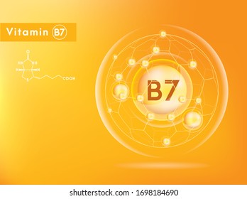 Vitamin B7 and structure. Medicine capsule, Golden substance. 3D Vitamin complex with chemical formula. Personal care and beauty concept. Vector Illustration