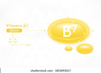 Vitamin B7 and structure. Medicine capsule, Yellow substance. 3D Vitamin complex with chemical formula. Personal care and beauty concept. Vector Illustration