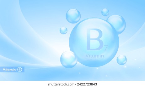 Vitamin B7 vector banner with drop bubbles. Medical poster of vitamin B complex. Health and beauty care. Nutritional supplements