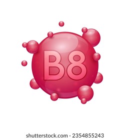 Vitamin B8 capsules red nutrients minerals that are essential the body. Vitamins complex for skin care cosmetics dietary supplement design. Medical concepts. Icon 3D on white background. Vector.