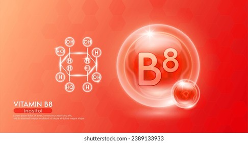 La vitamina B8 es un complemento esencial del cuerpo de salud. Complejo de vitaminas rojas y estructura de fórmula química. Sérico de colágeno de minerales. Diseño de cuidado de la piel o cosmético en nutrición de belleza. vector 3D.