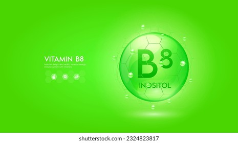 Vitamin B8 green solution or Inositol. Innovation repair maintain bright skin care anti aging. Vitamins complex and collagen serum. For medical beauty treatment nutrition cosmetic design. Vector.