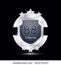 Vitamina B8 en vidrio gris transparente. El cuerpo de protección permanece sano. Para alimentos de productos nutritivos. Icono de etiqueta adhesiva 3d de aluminio Escudo y estrella plateado aislado realista. Ilustrador de vectores.