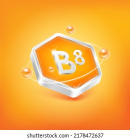 Vitamina B8 en forma de hexágono y átomo naranja. Se utiliza para alimentos de productos nutritivos. Conceptos científicos médicos. Isolación de la ilustración EPS10 del vector 3D.