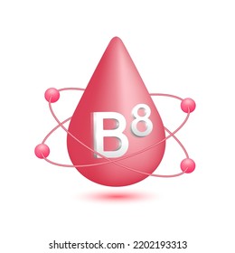 Vitamin B8 icon 3d. Atomic radius circulating around water drop red isolated on white background used in advertising. Medical beauty concept. Vector EPS10.