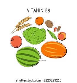 Vitamin B8 Inositol. Groups of healthy products containing vitamins. Set of fruits, vegetables, meats, fish and dairy